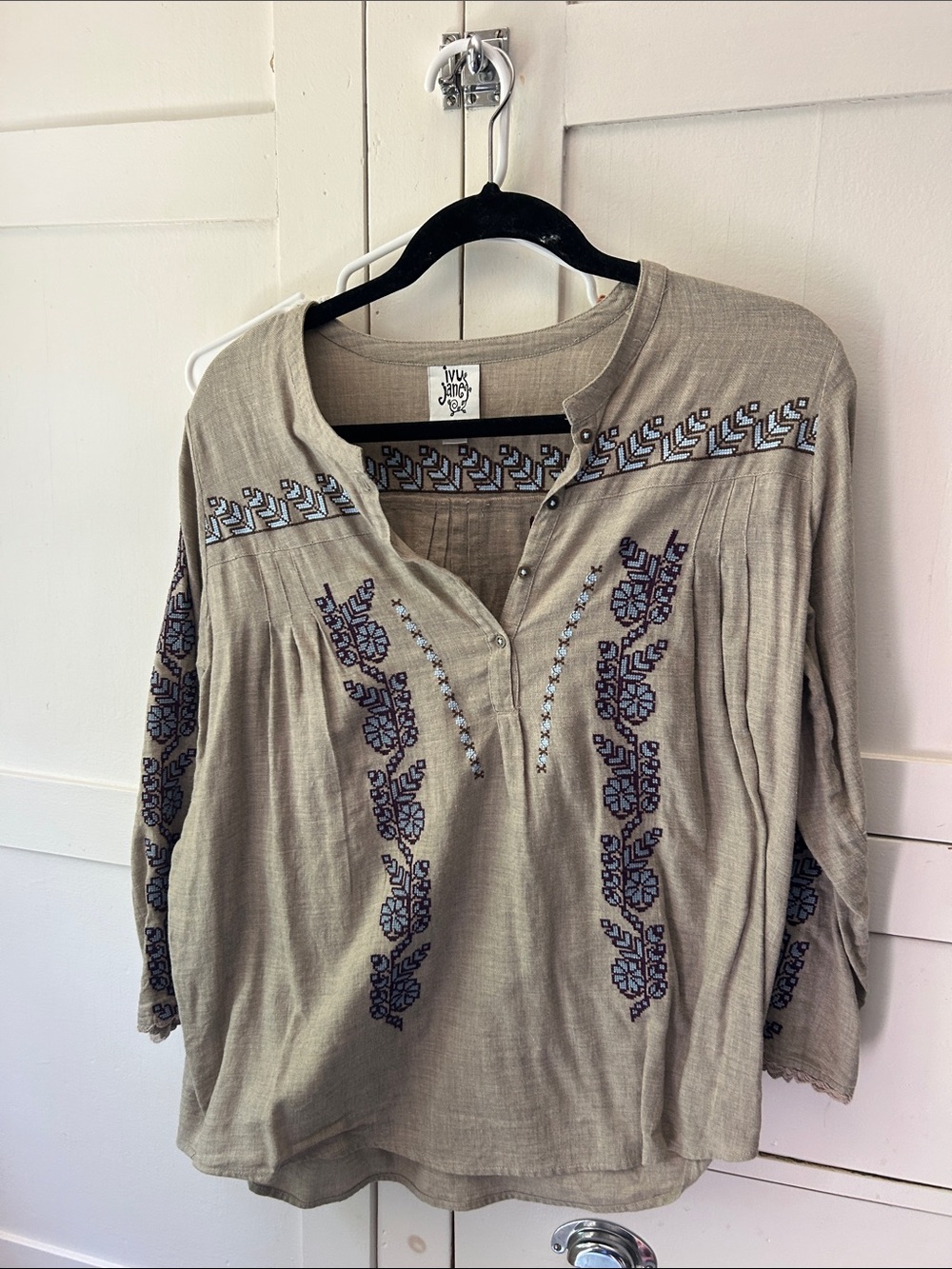 Boho Embroidered Split-Neck Top - Taupe